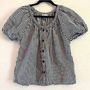 Yarn & Sea Womens Blouse XS Blue White Striped Puff Sleeve Button Front Cotton